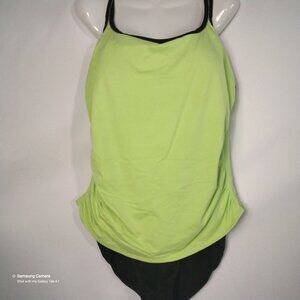 Black 1 Pc. Miraclesuit Slimming Lycra Swimsuit With Green Tank Overlay NWT S 18